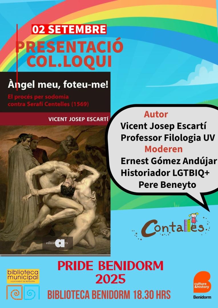 Cartel de la presentación y coloquio de Vicent Josep Escartí en la Biblioteca de Benidorm